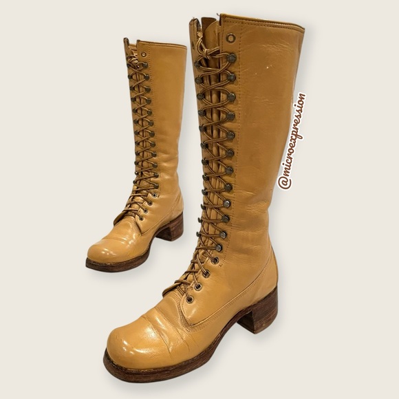 1960 VINTAGE Frye Campus Lug Lace Up Yellow Tan Banana Vintage Leather Tall Boot - Picture 14 of 15